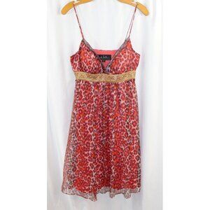 Nicole Miller Red Leopard Print Spaghetti Strap Dress with Gold Waistband